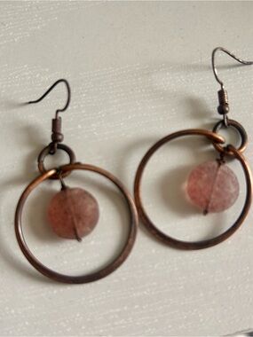 Copper Hoop Earrings with Pink Stone Disc Accent